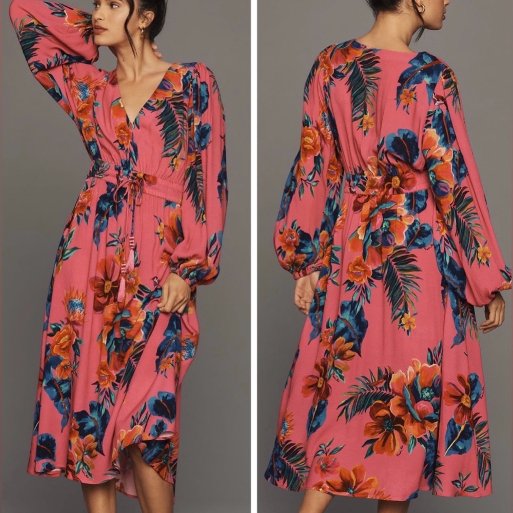 Farm Rio Printed Deep-V Long Sleeve Dress
